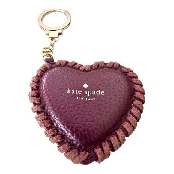 Kate Spade Burgundy Leather Heart Keychain & Bag Charm Accessory W/ Cross Stitch - Picture 7 of 9